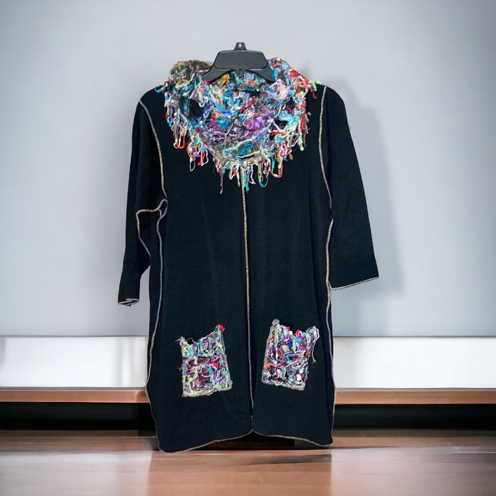 Hand Made O/S Chenille Lagenlook Black Thermal Cowl Neck Tunic Top Art to Wear - Picture 2 of 7